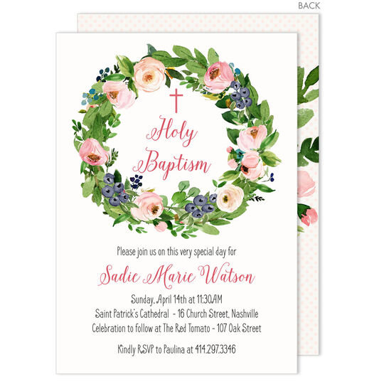 Lush Rose Wreath with Cross Invitations
